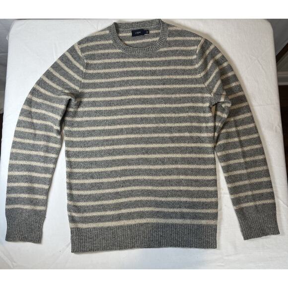 Men’s J Crew Lambs Wool Gray & White Striped Sweater With Elbow Patches Small - Picture 1 of 7